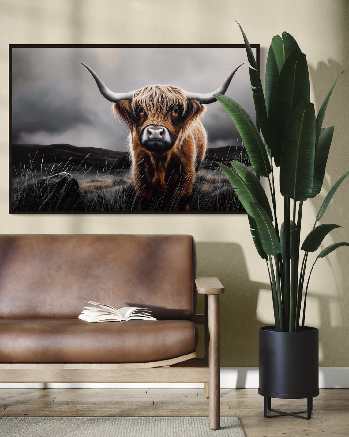 Highland Cow Portrait Stormy Gray Sky Autumn Berries Rustic Poster - Image 5