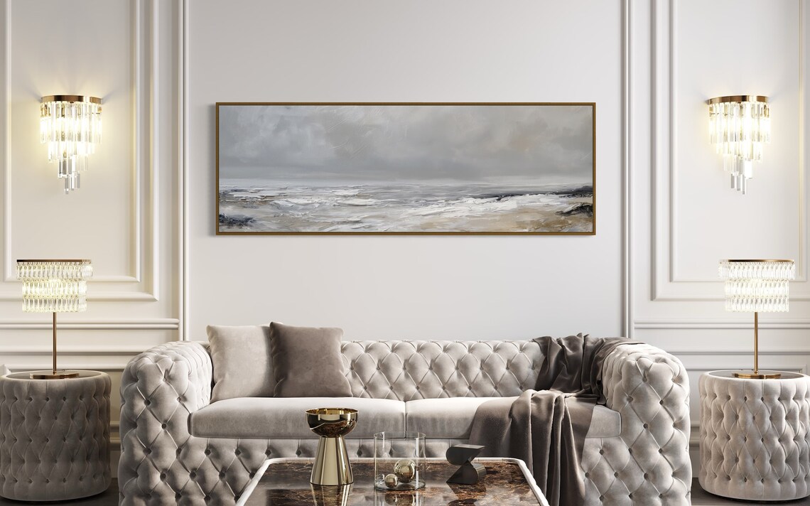 Serene Ocean Painting Print Panoramic Abstract Seascape For Above Bed Decor Atmospheric Grey Wall Art Perfect Nautical Home Decore - Image 2