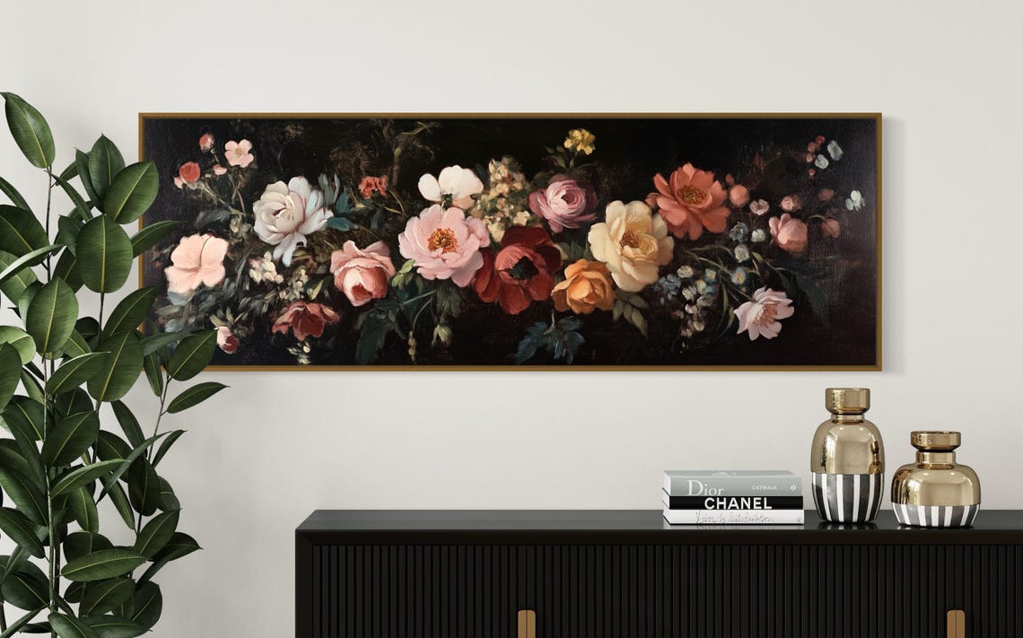 Vintage Moody Floral Rose Painting Dark Botanical Panoramic Poster - Image 2