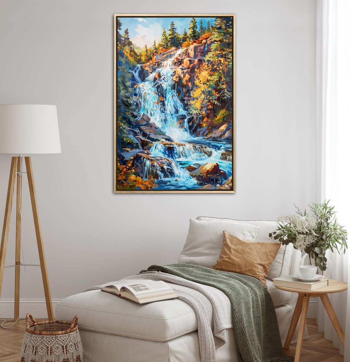 Forest Waterfall Rustic Pine Tree Art With Waterfall Decor Mountain Painting Print In Modern Impressionism Style For Home Decore - Image 4