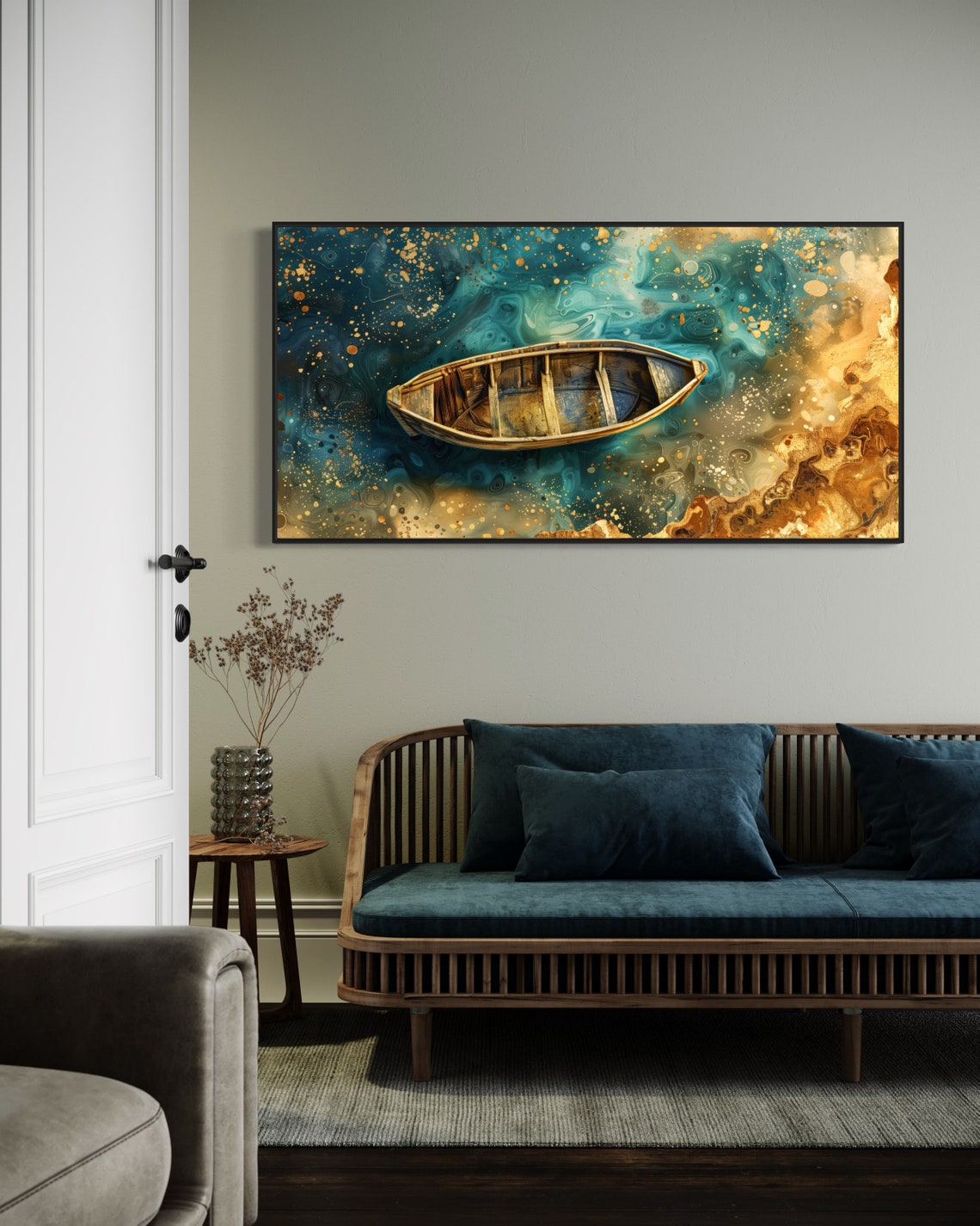 Wooden Rowboat Turquoise Gold Abstract Sea Rustic Coastal Wall Art - Image 5