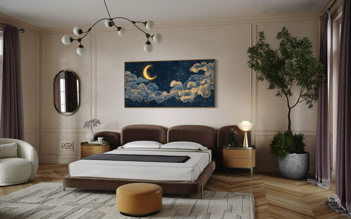 Dreamy Starry Night Crescent Moon Print Atmospheric Panoramic Wall Art For Celestial Decor Deep Blue Ethereal Sky Painting Print - Image 2