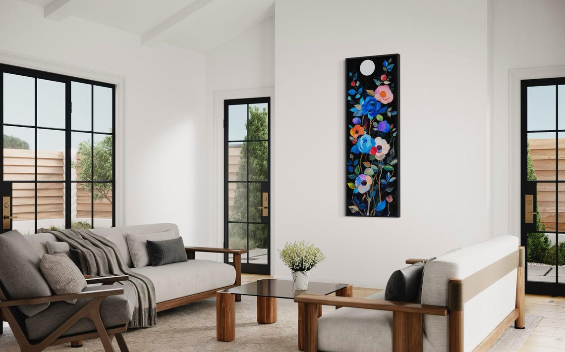 Moonlit Floral Night Tall Vertical Abstract Flower Black Print - Image 4
