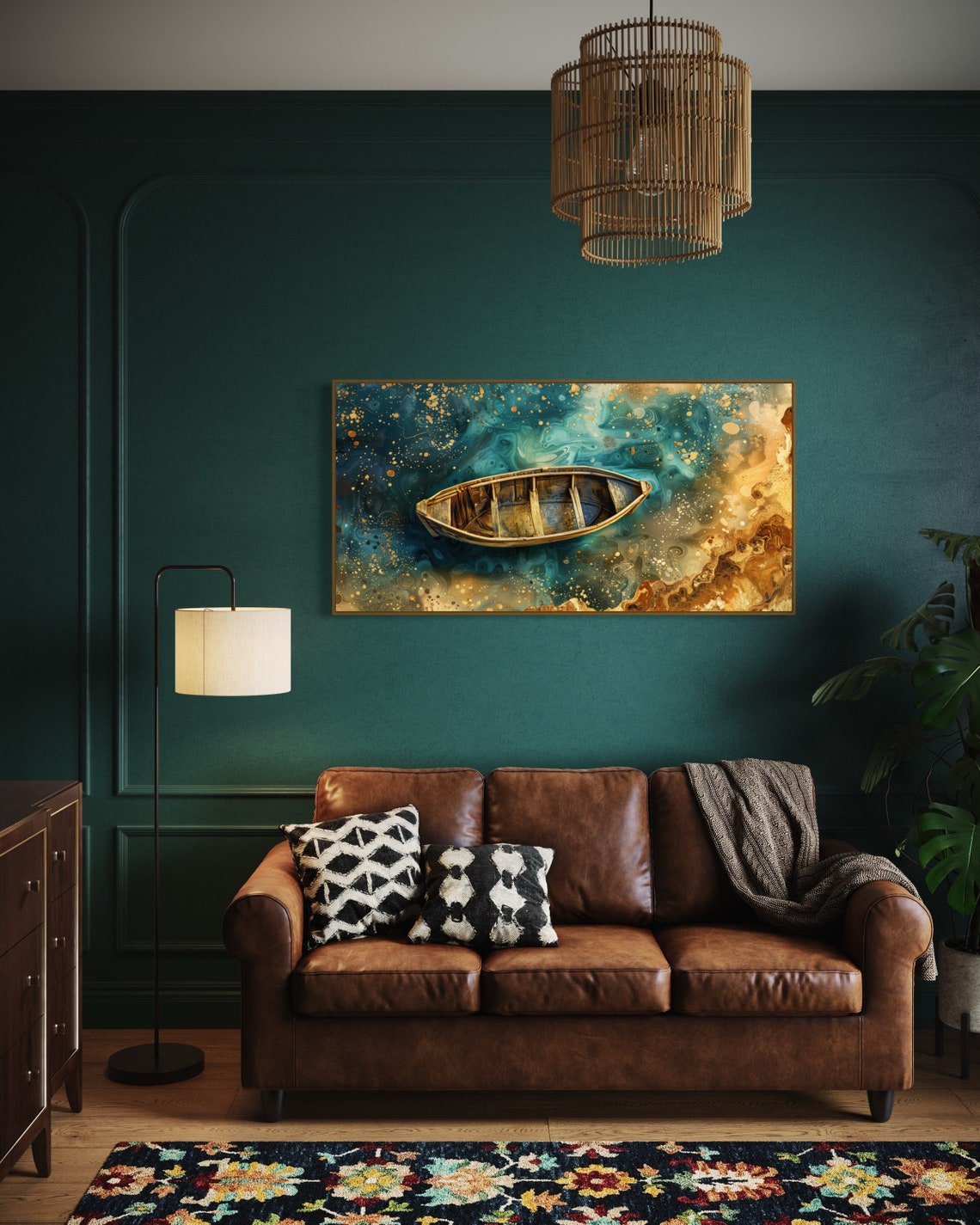Wooden Rowboat Turquoise Gold Abstract Sea Rustic Coastal Wall Art - Image 2