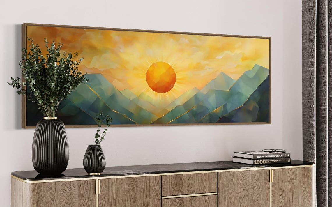 Geometric Style Mountain Sunrise Panoramic Mountain Wall Art Print Perfect Long Narrow Print For Above Bed Or Couch Decor - Image 4