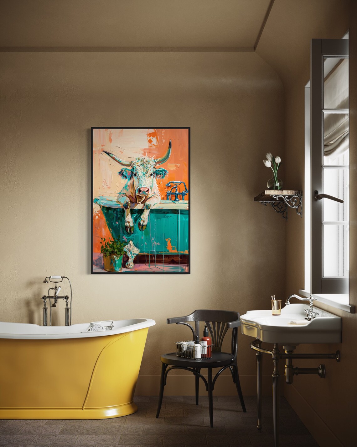 Whimsical Longhorn Cow Portrait, Bathroom Art Print - Image 3