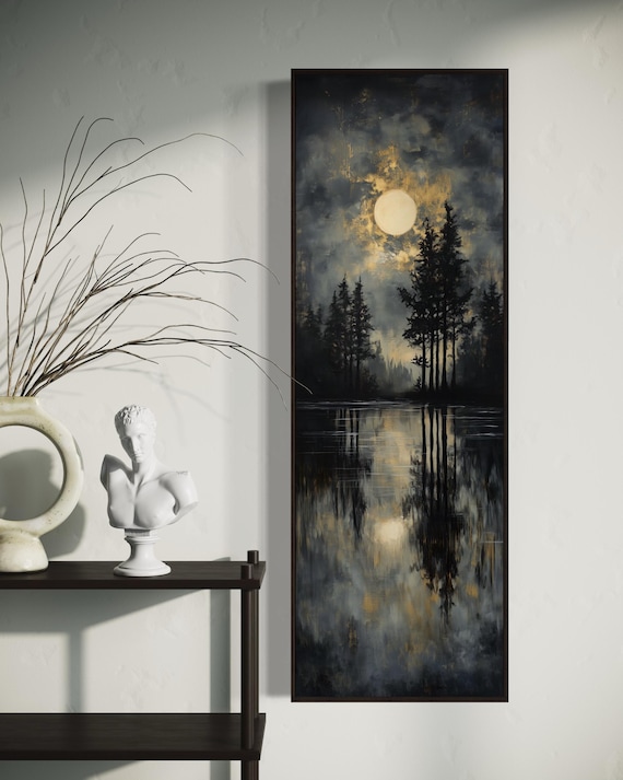 Moonlit Forest Lake Art Atmospheric Vertical Print With Golden Night Sky And Misty Trees Perfect Narrow Wall Decor For Relaxing Spaces