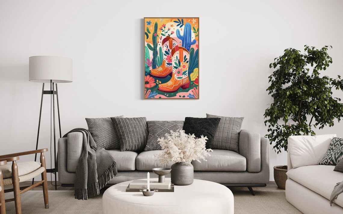 Colorful Cowboy Boots Print Southwestern Art For Home Decor Mexican Painting Poster Perfect Cowgirl Boots Decor And Coquette Room Accent - Image 2
