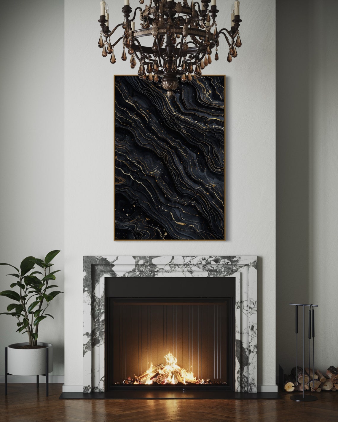Monochrome Black Marble Gold Veins Luxury Abstract Art Print - Image 3
