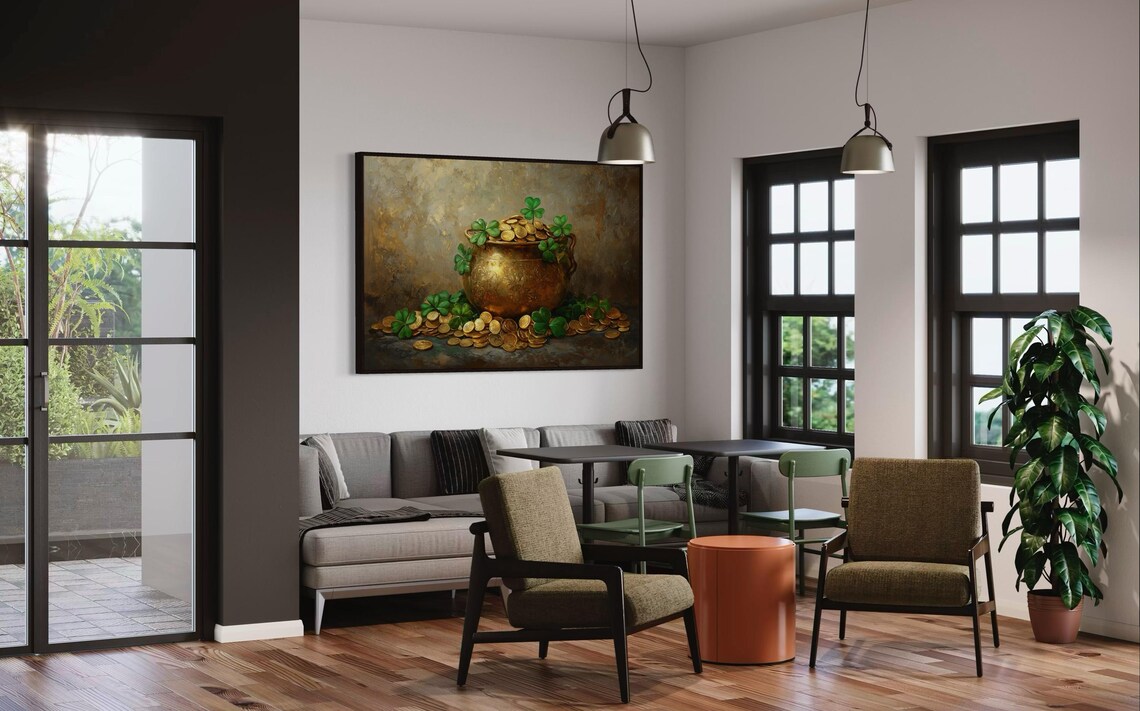 Golden Pot Of Coins Irish Luck, Shamrock Art Print - Image 3
