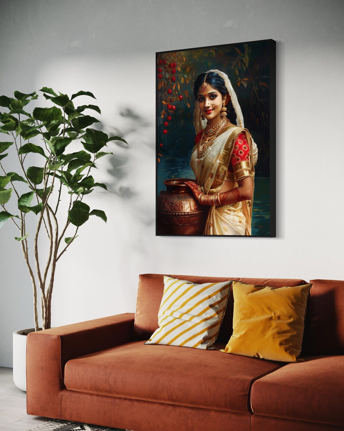 Elegant Indian Woman Portrait Red White Sari Gold Jewelry Art Print - Image 5