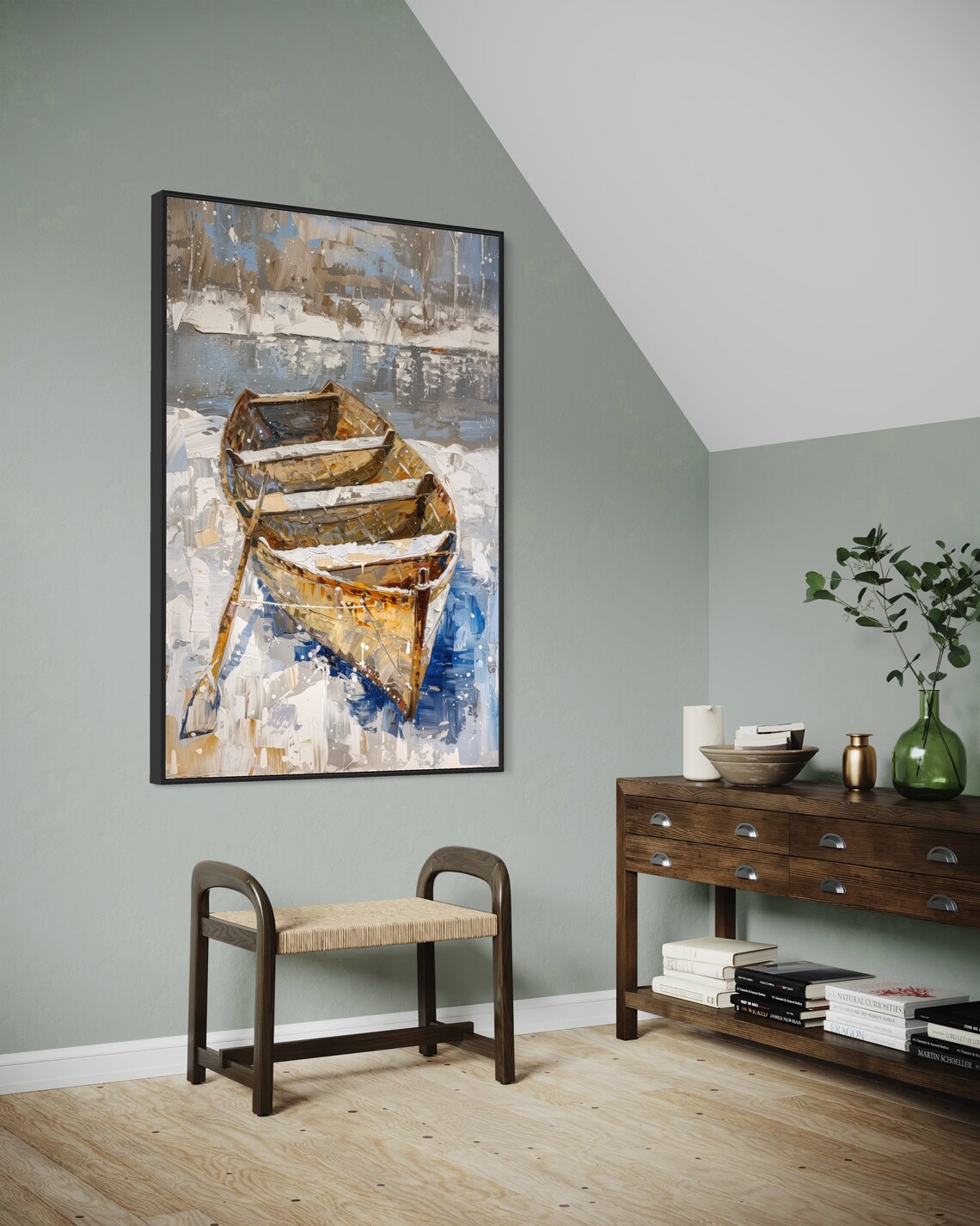 Winter Rowboat Lake House Landscape Art Print - Image 2