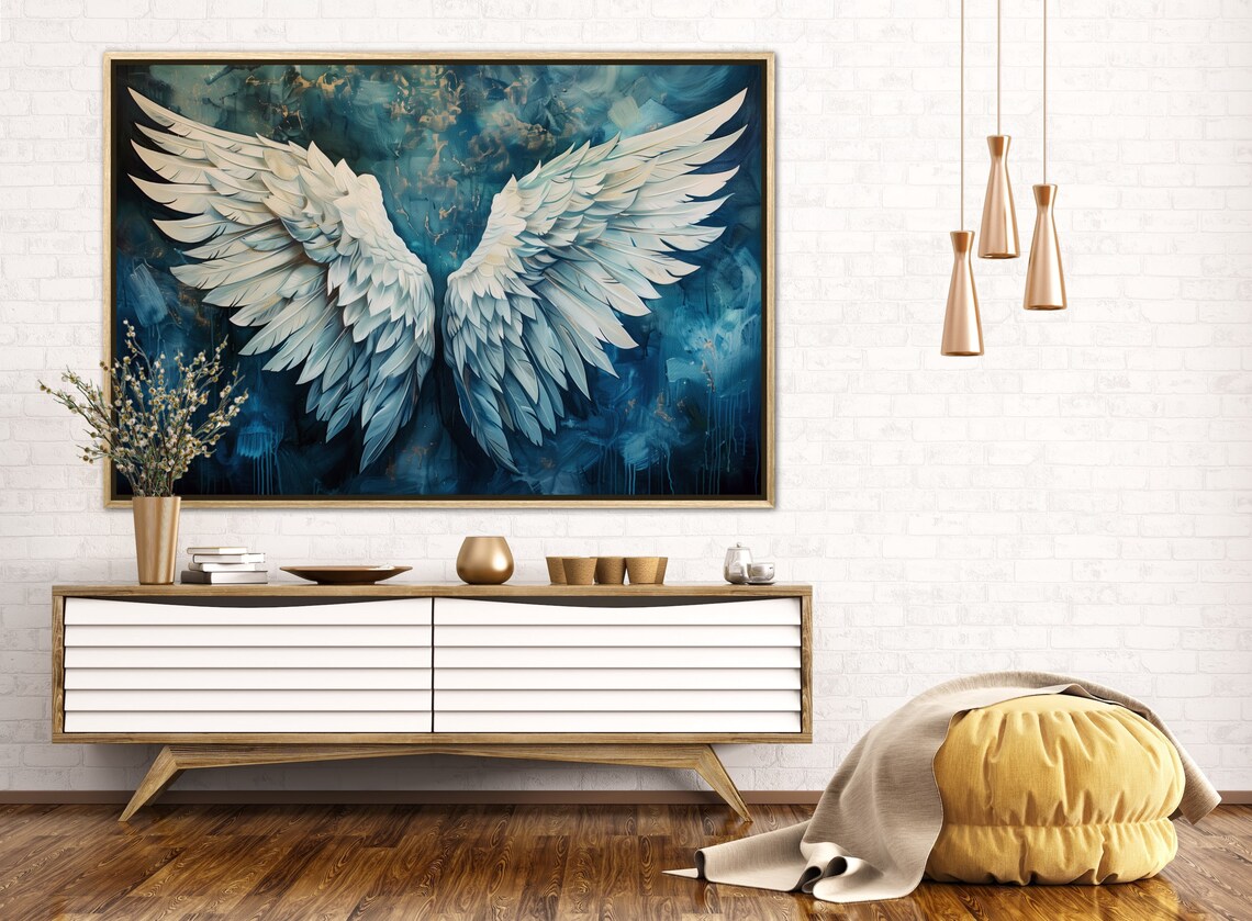White Angel Wings Deep Blue Abstract Celestial Spiritual Art Print Wall Poster - Image 2
