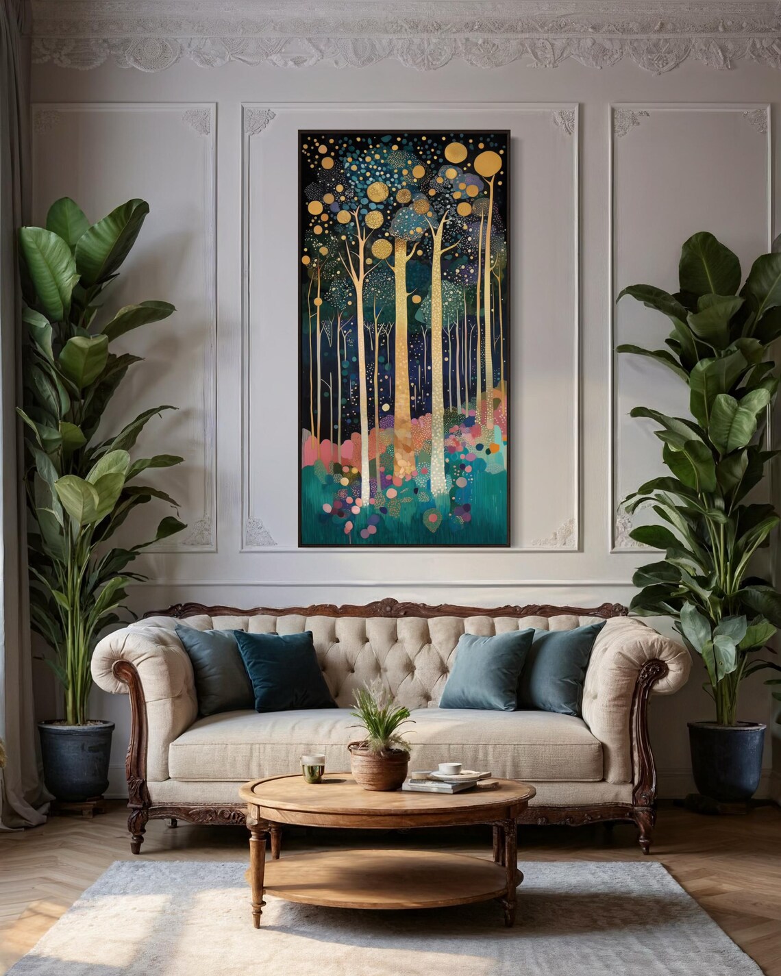 Magical Abstract Forest Klimt Inspired Abstract Tree Print With Gold Accents Tranquil Vertical Narrow Decor Nature Scene For Above Bed - Image 4