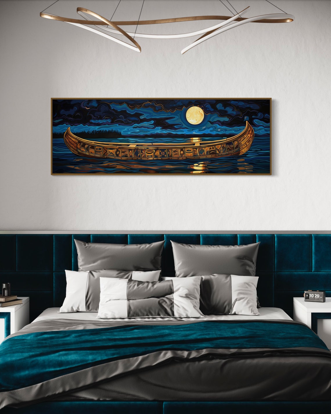 Moonlit Canoe Golden Moon Night Lake Rustic Panoramic Poster - Image 2