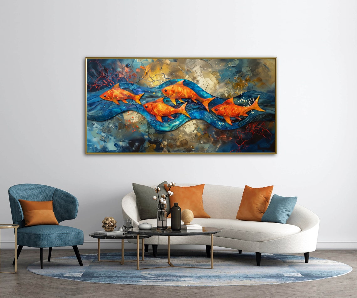 Vibrant Orange Koi Fish School Blue Water Panoramic Art Print - Image 3