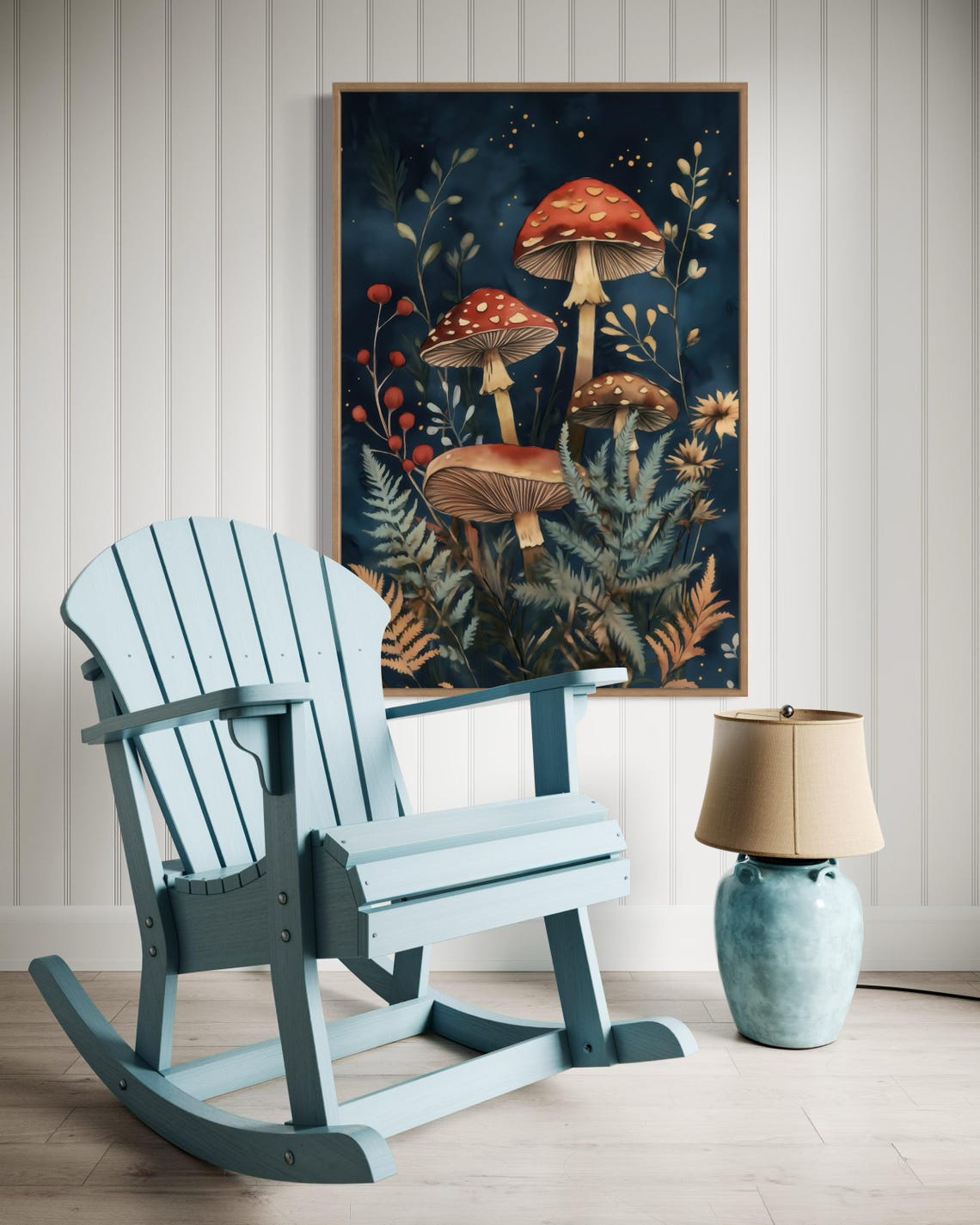 Moody Red Mushroom In Forest Art Enchanted Forest Print With Deep Blue Background Perfect For Atmospheric Autumnal Home Decor - Image 3