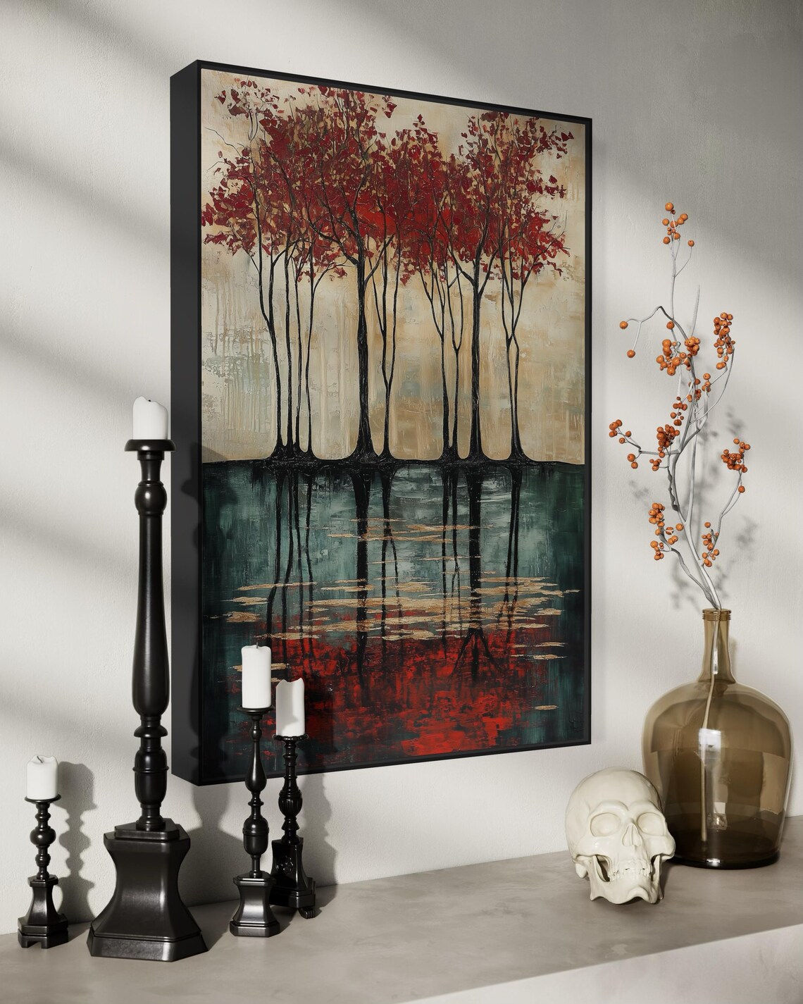 Modern Red Tree Wall Art Abstract Forest Scene Print With Reflection And Vivid Colors Elegant Autumnal Decor For Luxury Home Spaces - Image 5