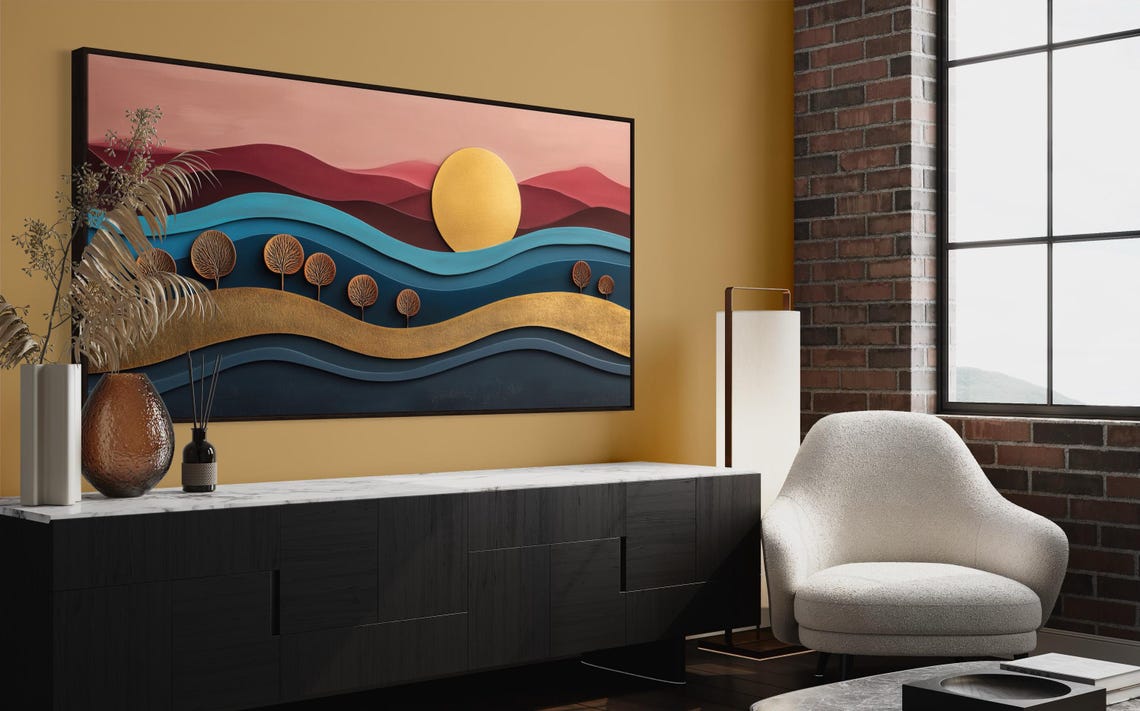 Pink Sunset Abstract Waves Layered Boho Panoramic Modern Wall Poster - Image 5