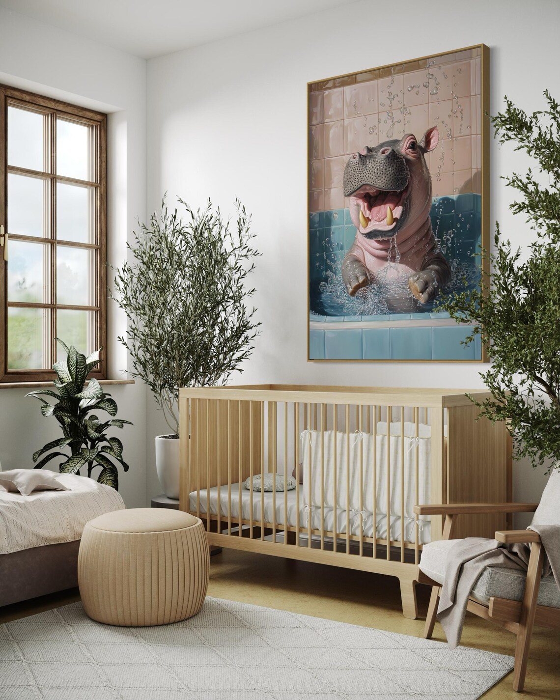 Happy Baby Hippo Splashing Bubble Bath Playful Nursery Bathroom Art Poster - Image 2