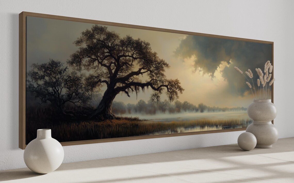 Majestic Oak Tree Misty Lakeside Dawn Golden Light Moody Nature Print - Image 4