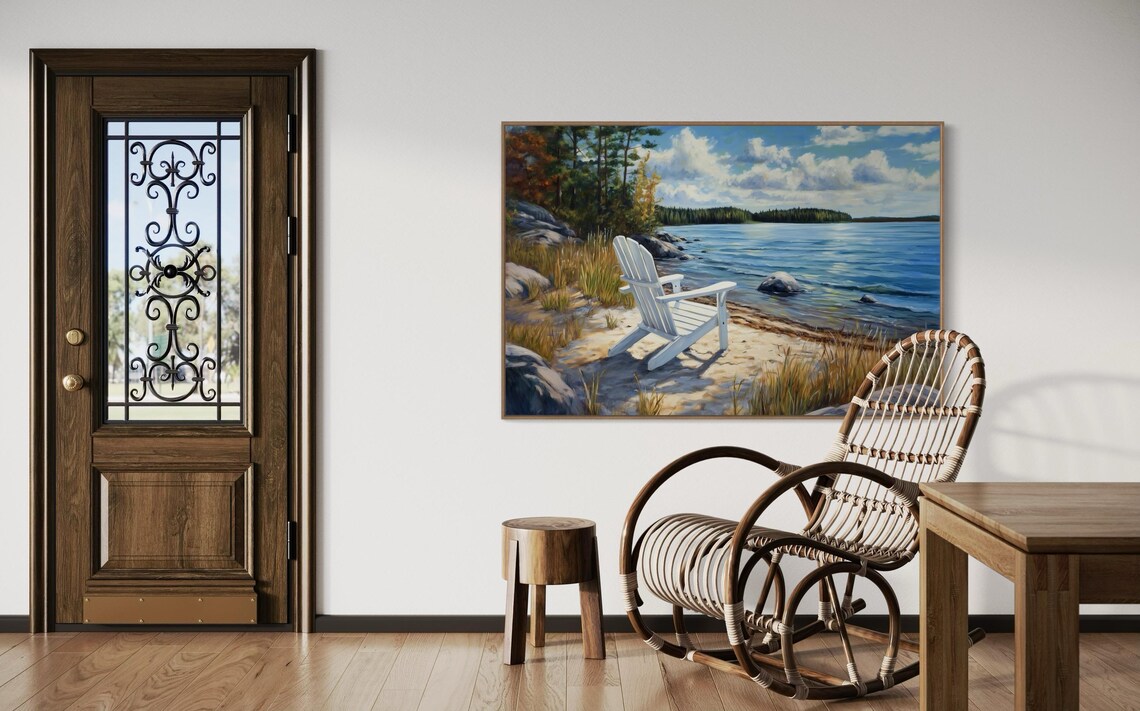 Lakefront Adirondack Chair Art Print, Coastal Landscape - Image 3