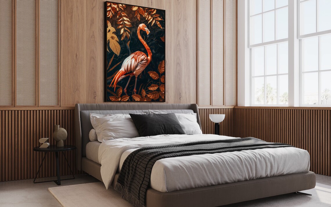 Elegant Pink Flamingo Golden Leaves Dark Tropical Luxury Wall Art - Image 3
