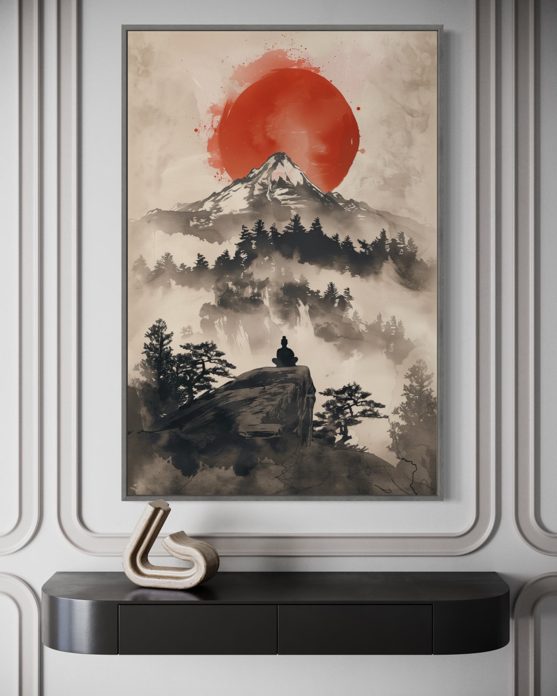 Red Sun Over Misty Mountain Ink Wash Zen Meditation Wall Art - Image 4