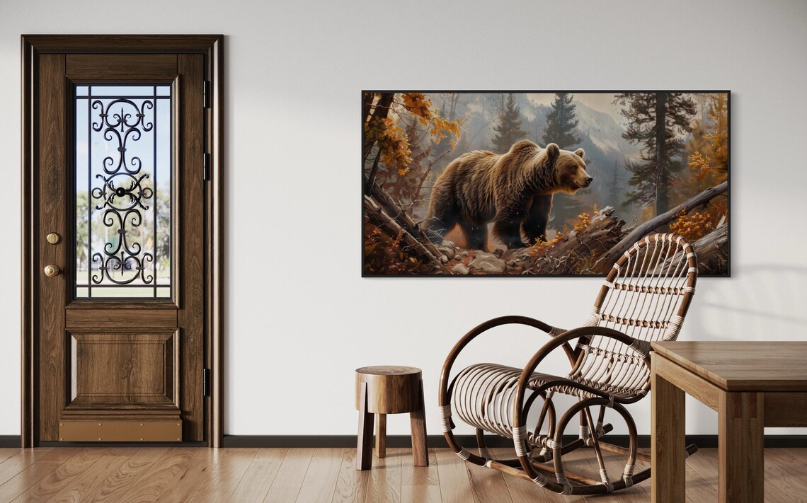 Grizzly Bear Autumn Forest Fallen Log Mountain Panoramic Wildlife Art Poster - Image 4