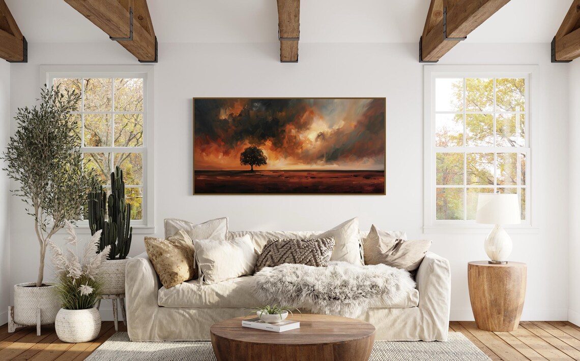 Tranquil Sunset Over Lone Tree Moody Panoramic Landscape Print For Rustic Home Decor Atmospheric Art For Above Bed And Hallway Wall Decor - Image 3
