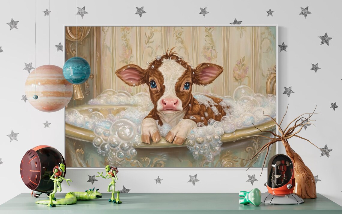 Sweet Baby Calf Bubble Bath Whimsical Farm Animal Nursery Wall Poster