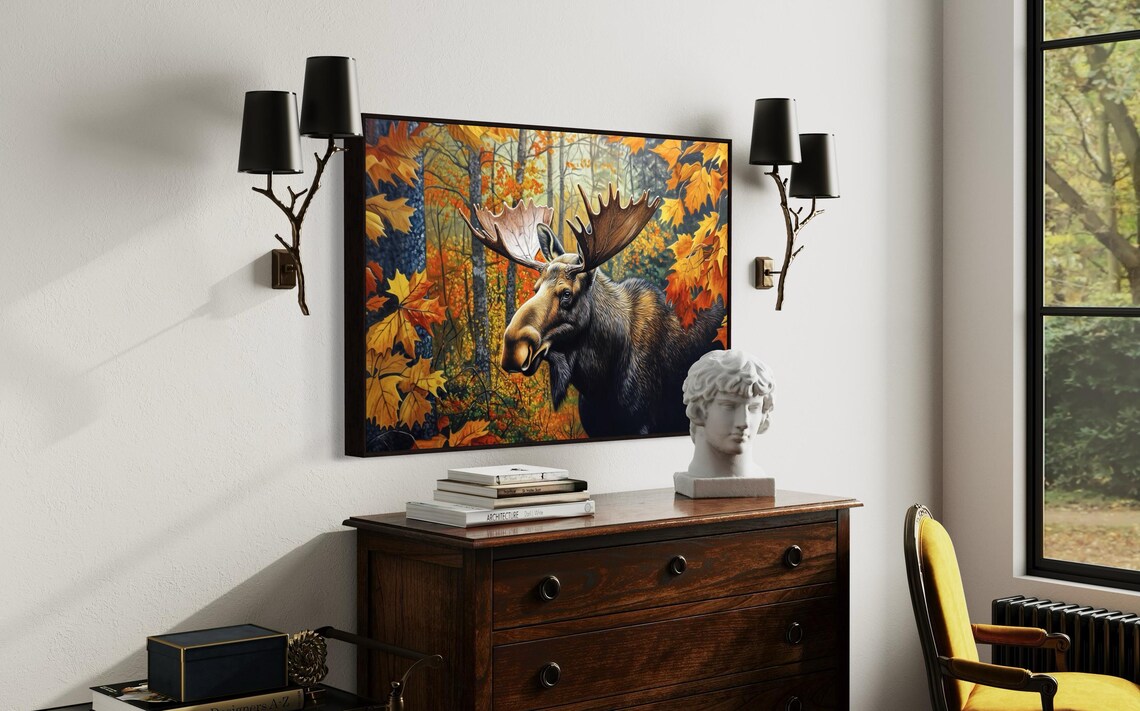 Moose Portrait Autumn Forest Realistic Bull Wildlife Painting Art Wall Poster - Image 5