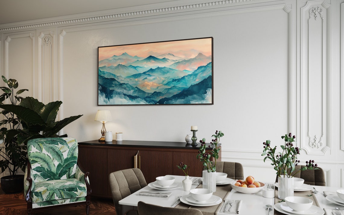 Misty Blue Mountain Peaks Peach Dawn Sky Layered Panoramic Poster - Image 5