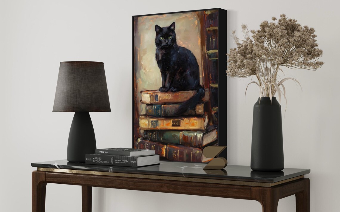 Black Cat and Books, Vintage Dark Academia Art Print - Image 5