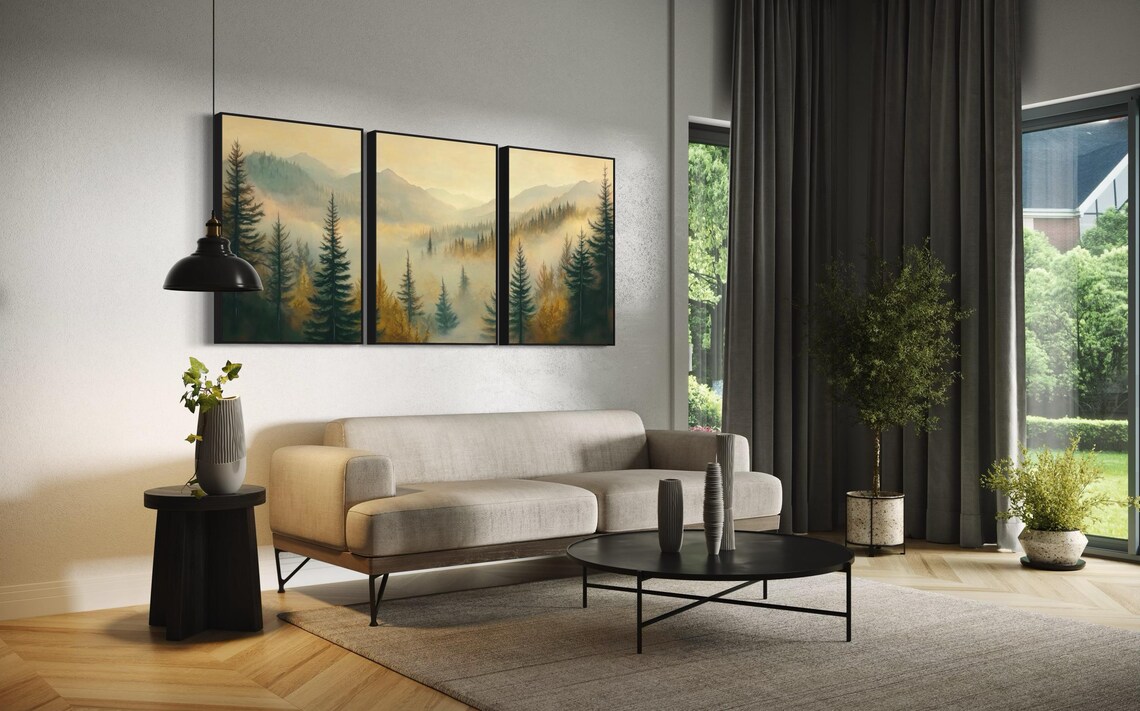 Misty Mountain Sunrise Forest Wall Art In Muted Tones Tranquil Pine Tree Art For Above Couch Or Bed Rustic Lake House Decor - Image 4