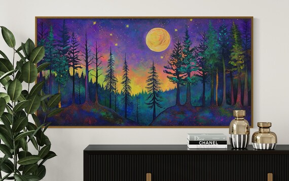 Colorful Moonlit Forest Vibrant Boho Wall Art Mystical Night Sky Fantasy Landscape Print For Living Room Or Bedroom