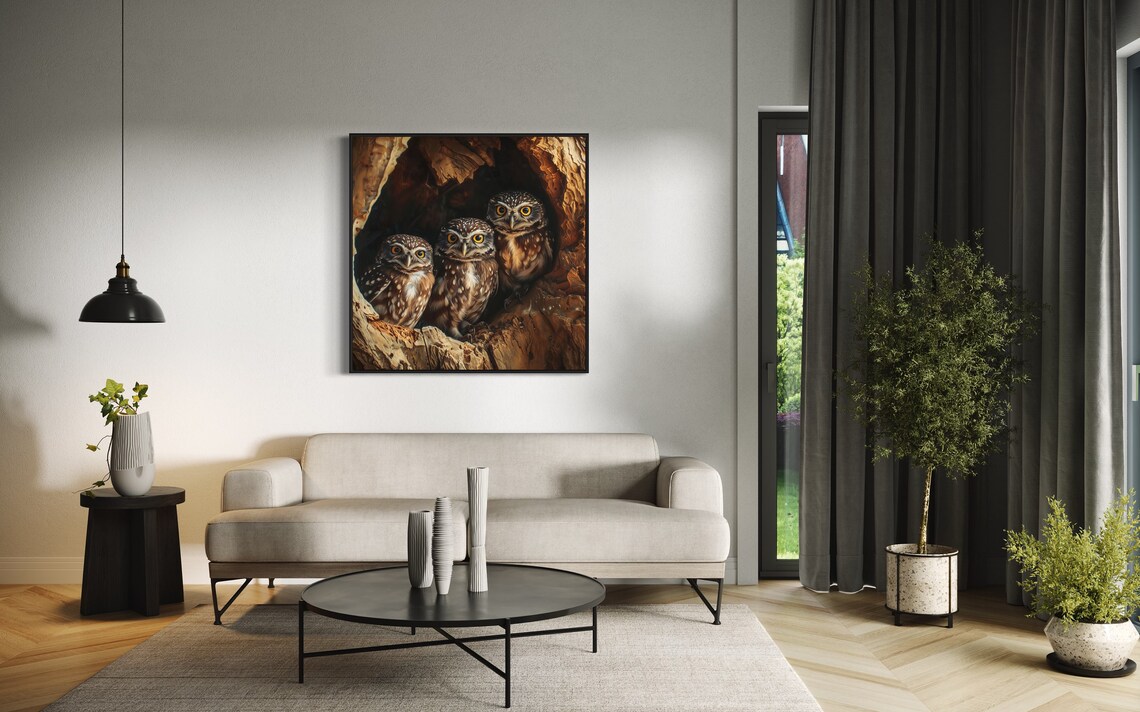 Adorable Trio Of Burrowing Owls Tree Hollow Portrait Art Print - Image 2
