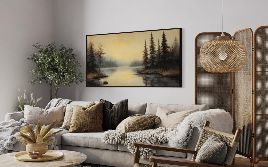Misty Pine Forest Calm Lake Reflection Golden Morning Poster - Image 2