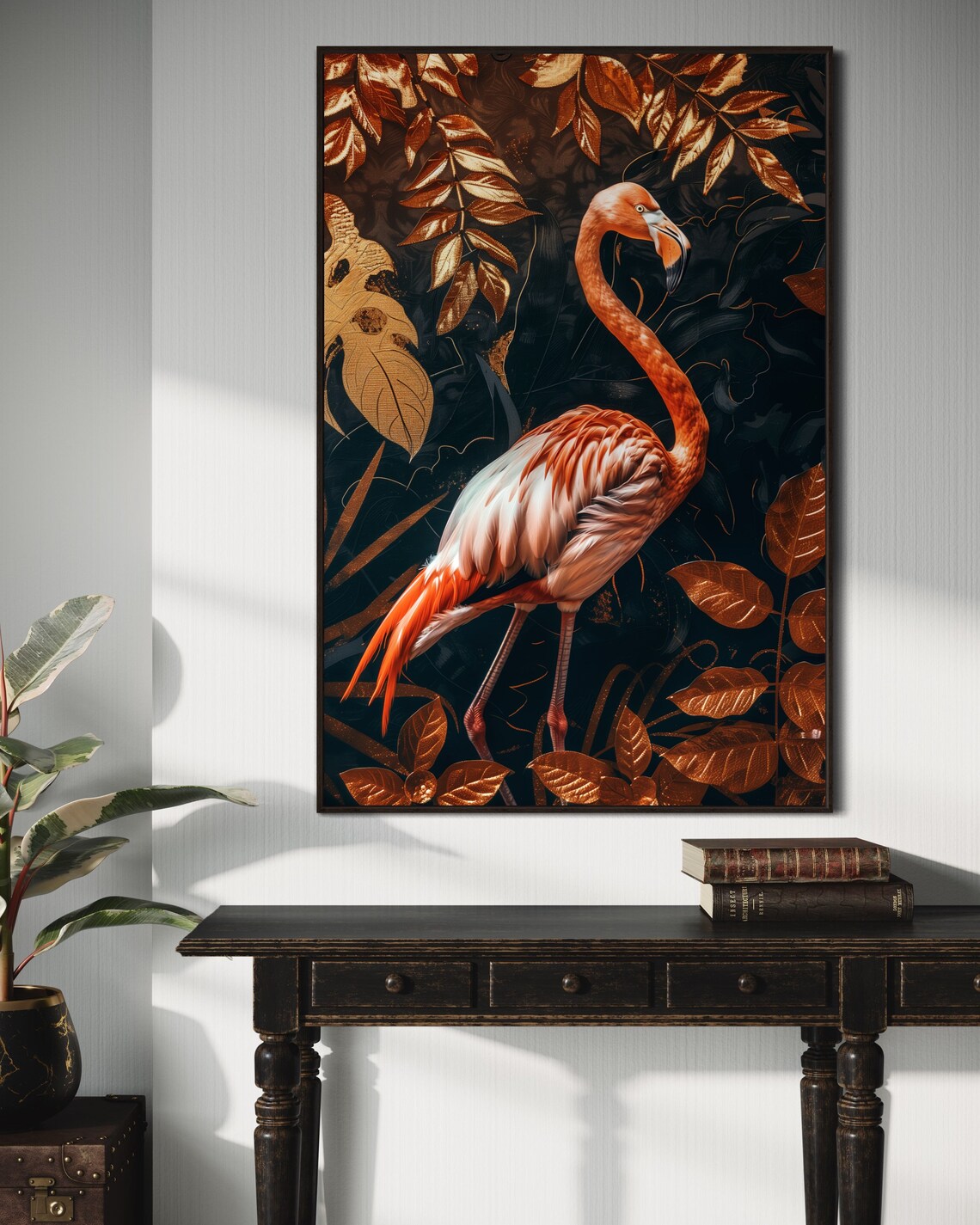 Elegant Pink Flamingo Golden Leaves Dark Tropical Luxury Wall Art - Image 5