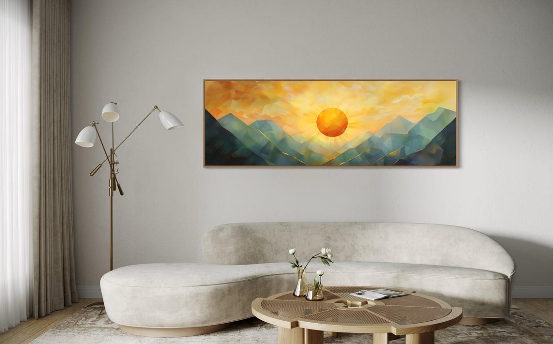 Geometric Style Mountain Sunrise Panoramic Mountain Wall Art Print Perfect Long Narrow Print For Above Bed Or Couch Decor - Image 3