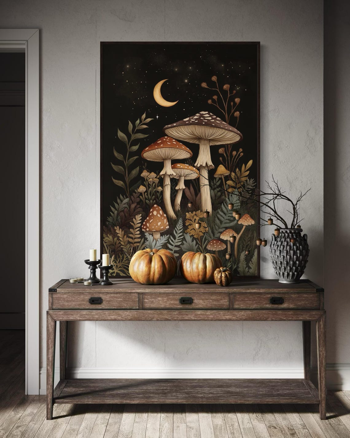 Mystical Mushroom Crescent Moon Starry Night Enchanting Poster - Image 3