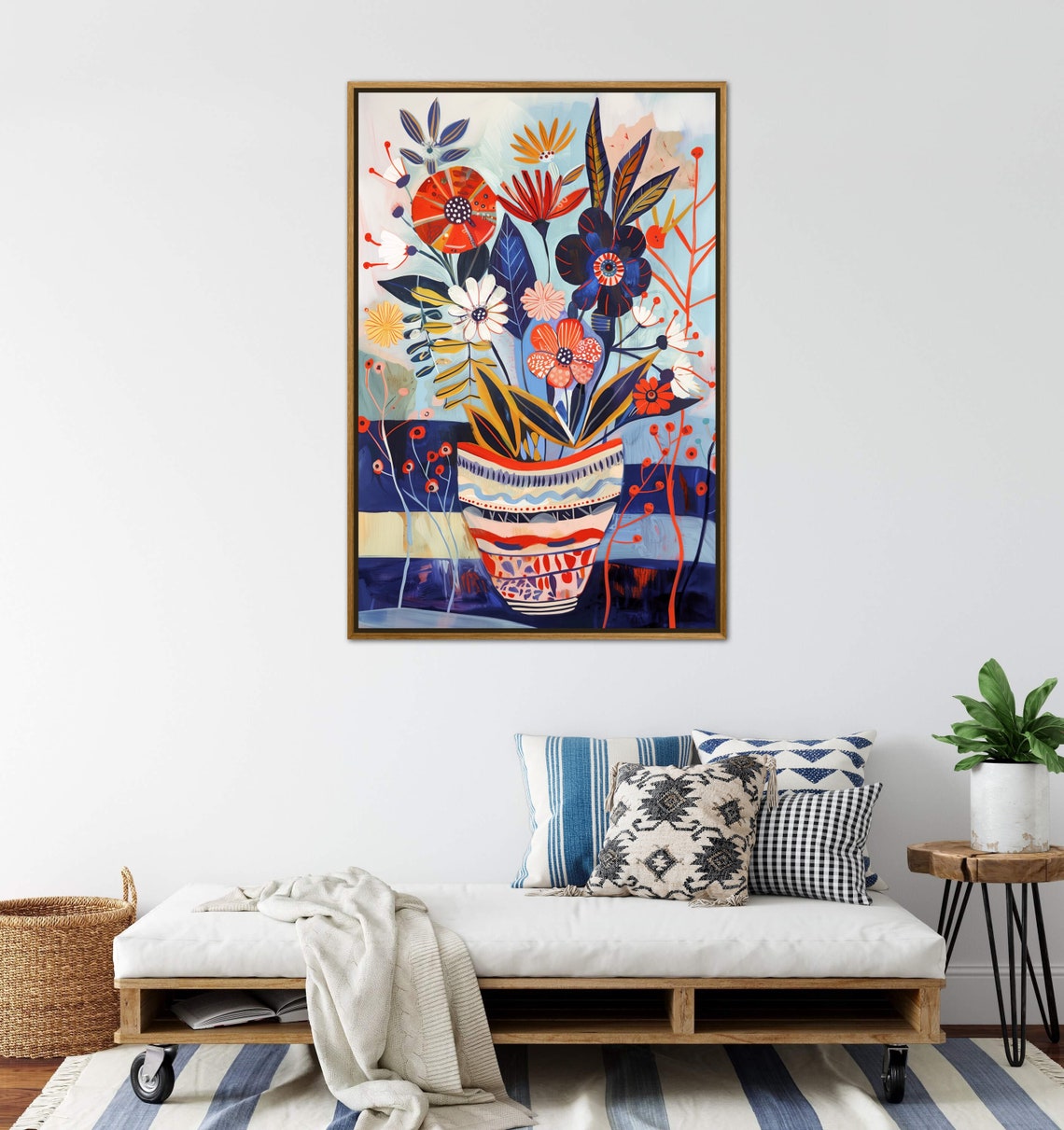 Folk Art Flower Bouquet Patterned Vase Red Blue Whimsical Wall Art - Image 2