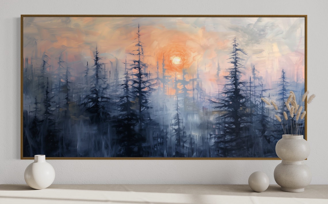 Foggy Pine Forest Sunrise Pastel Panoramic Woodland Wall Art - Image 4
