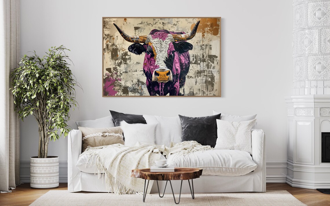 Colorful Longhorn Cow Portrait Rustic Charm Earth Tone Art Poster - Image 5