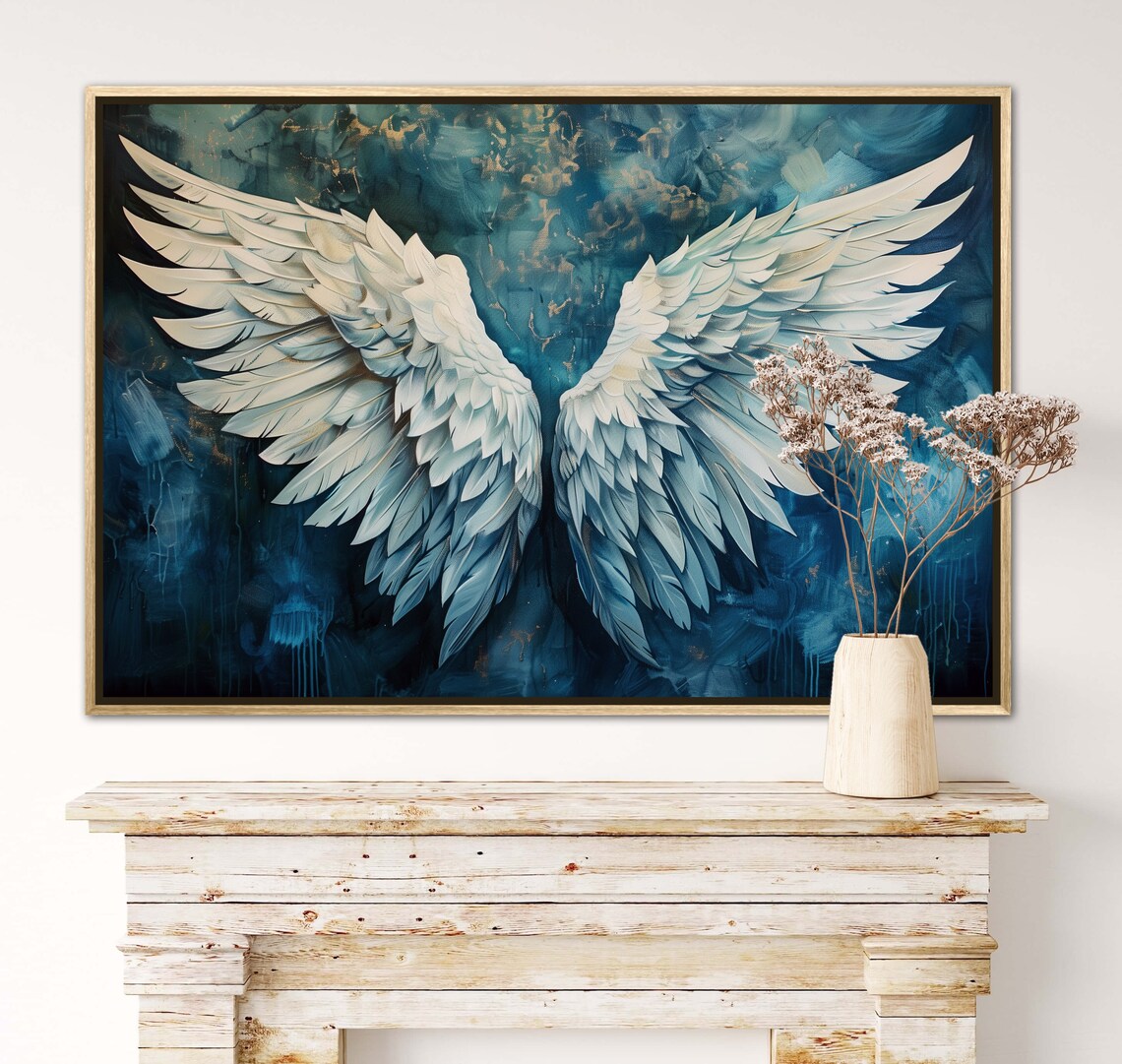 White Angel Wings Deep Blue Abstract Celestial Spiritual Art Print Wall Poster - Image 5