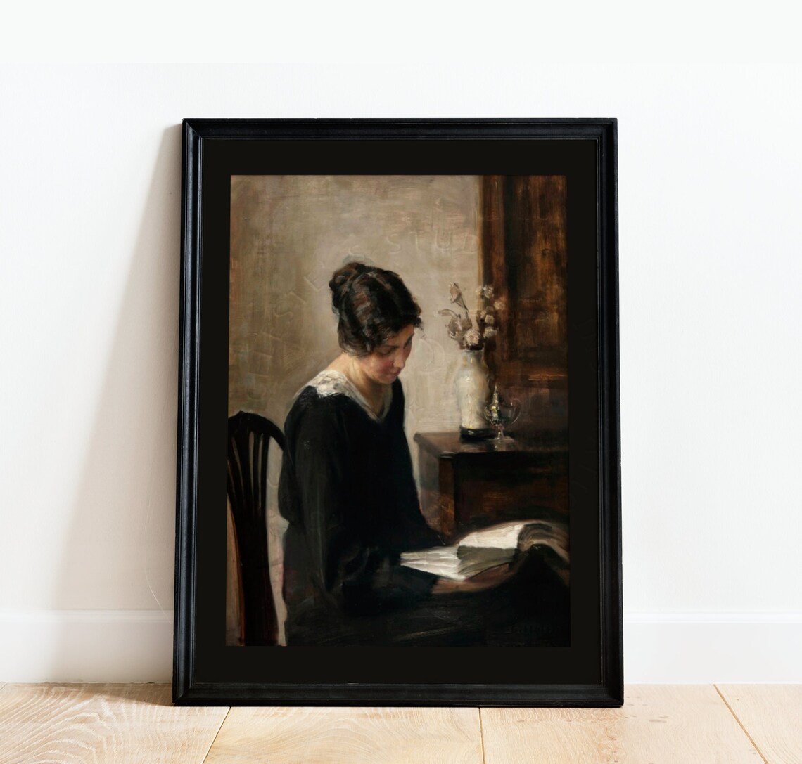 Vintage Woman Reading Quiet Moment Dark Moody Oil Art Poster