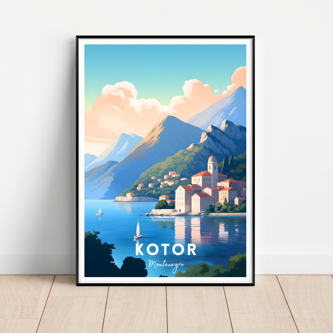 Kotor Montenegro Bay Sailing Boats Adriatic Retro Travel Poster