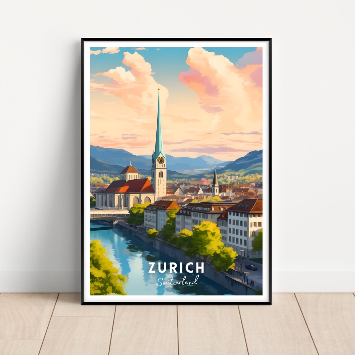 Zurich Switzerland Old Town River Church Retro Travel Poster