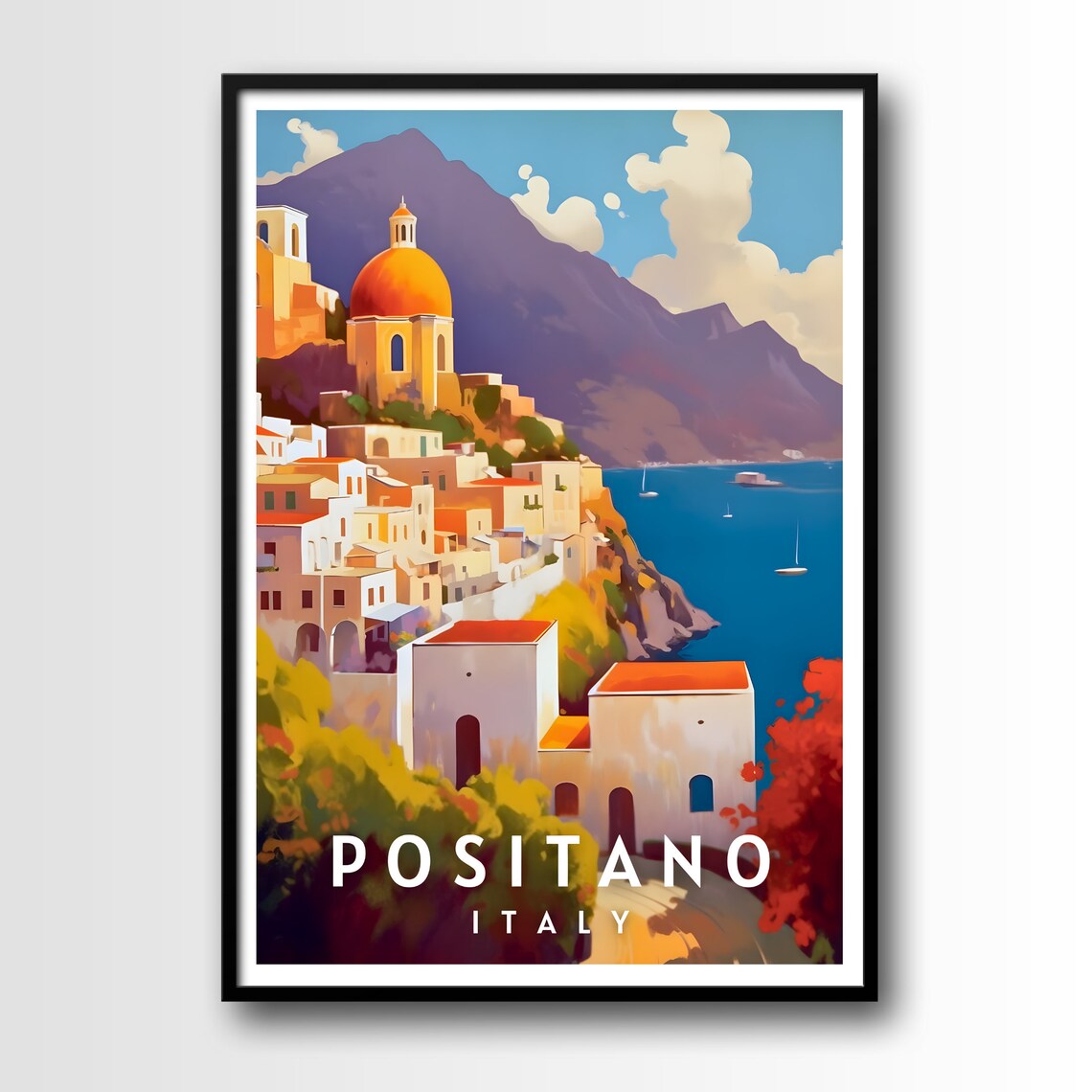 Positano Italy Cliffside Village Dome Amalfi Coast Travel Poster