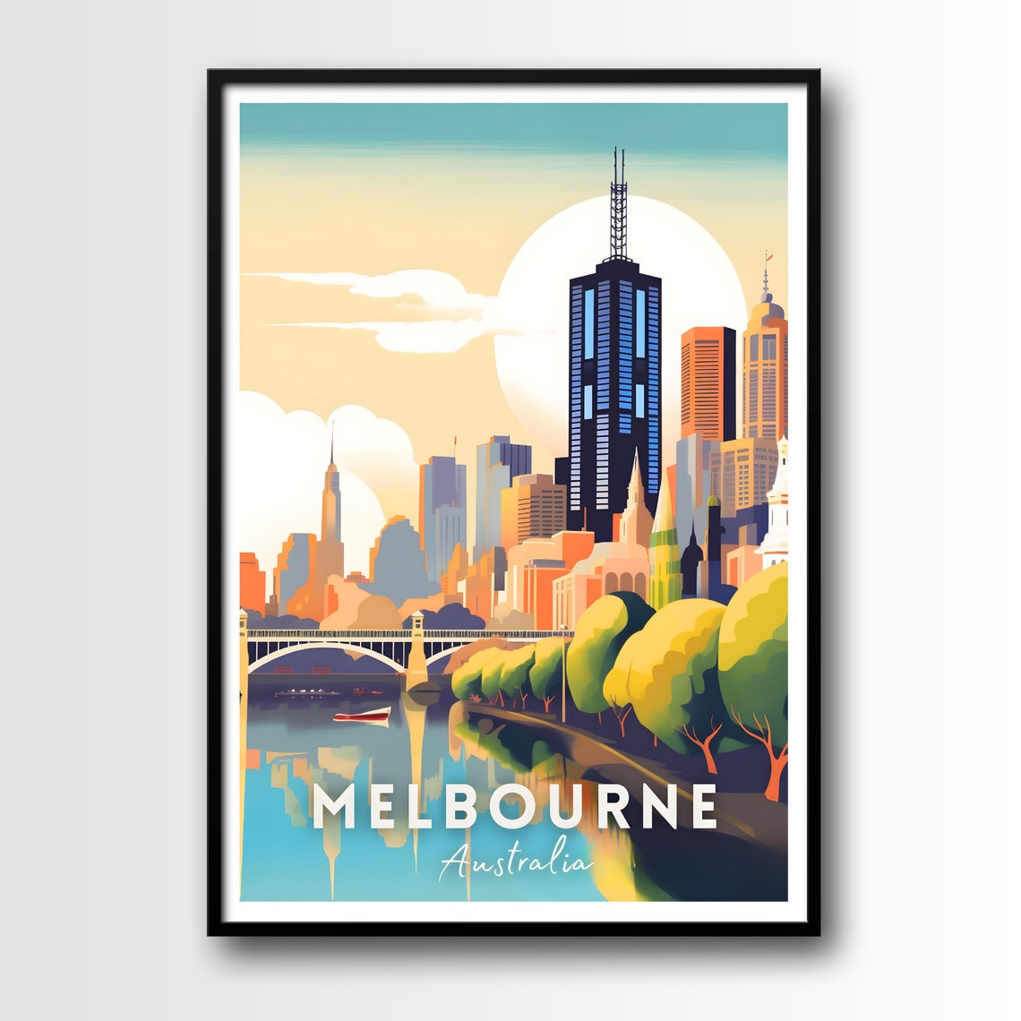 Melbourne Australia Sunset Skyline Golden Hour Travel Poster